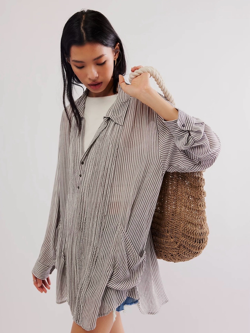 Free People FP One Waverley Stripe Tunic S Gray White Oversized Boho Pockets